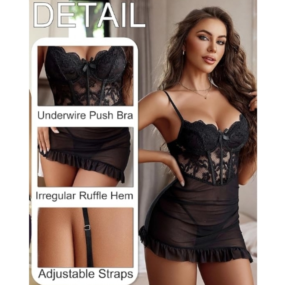 Lingerie Lace Babydoll Ruffle Hem Hip Dress Bra with Underwire Sexy Nightgown - Picture 6 of 7